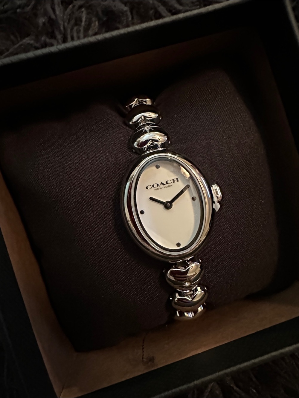 Coach Silver Heart-Link Bracelet Watch with White Dial